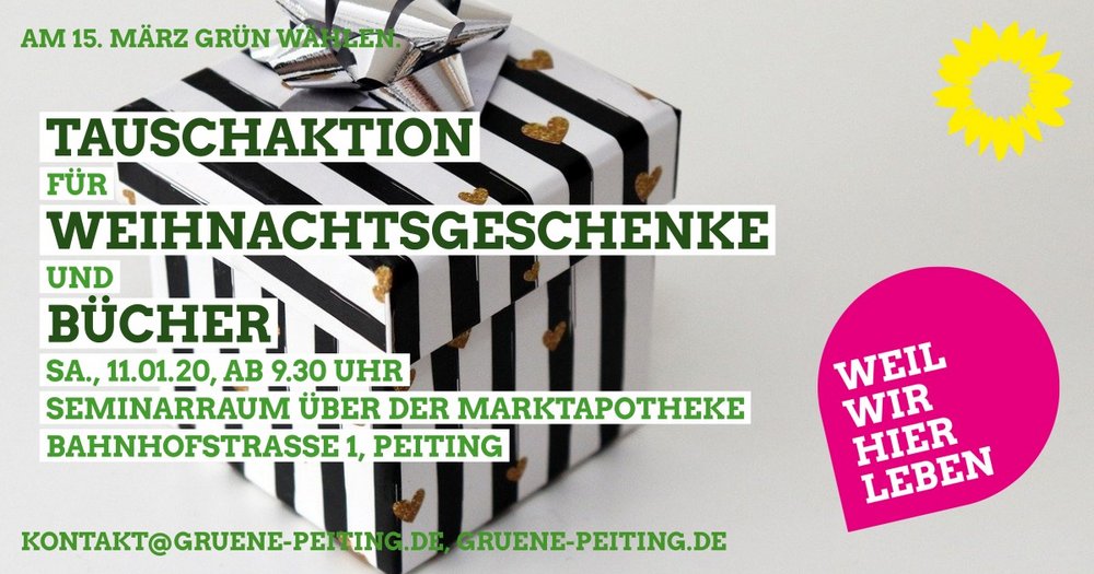 Am Samstag, den 11.01.2020, findet ab 9.30 Uhr im Seminarraum über der Marktapotheke, Bahnhofstraße 1 in Peiting, eine Geschenke-und Büchertauschaktion statt.
